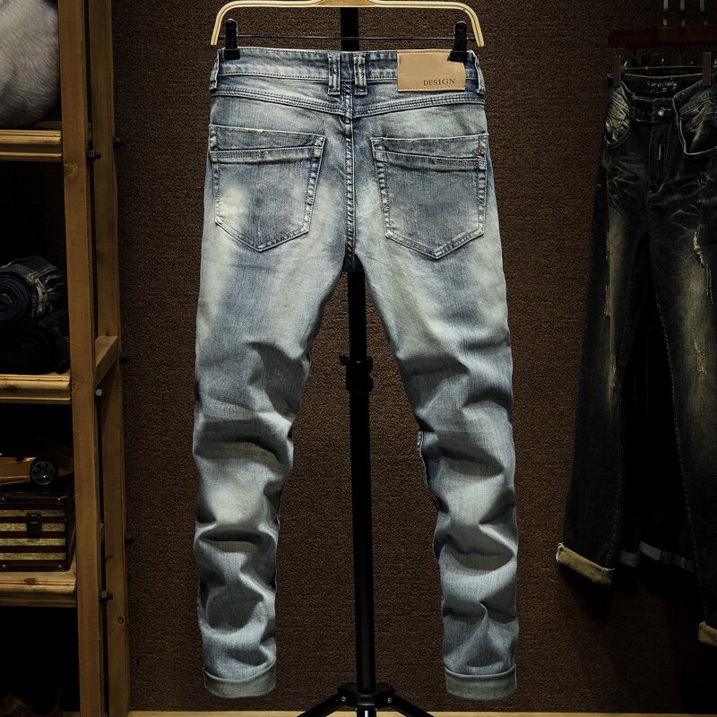 Skinny jeans herre lyseblå stretch ripped biker jeans bukser mand nødstedte herre jeans slim fit afslappet denim bukser drenge bukser
