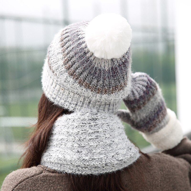 Tørklæde hat og handsker sæt tredelt sæt til kvinder pompon skullies beanies strikning efterår og vinter varm stribet hue