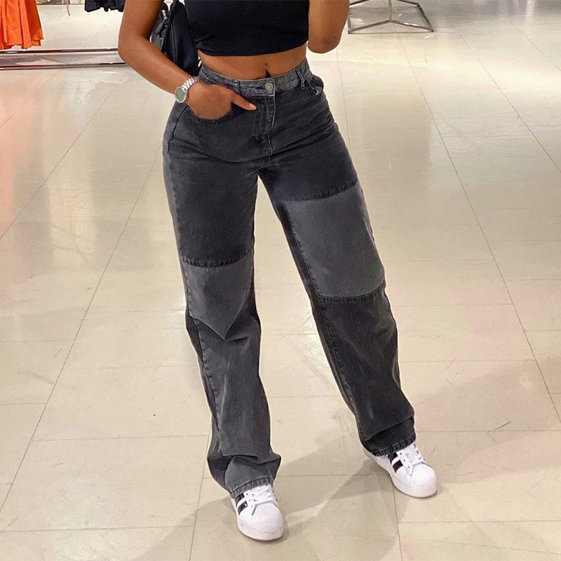 Pantalon en jean pour femme taille haute Patchwork jean tenue femme décontracté pantalon droit ample porter des vêtements de sport automne