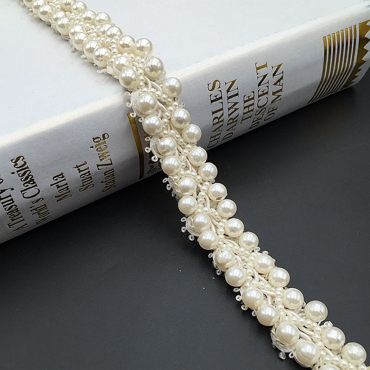 45cm Pearl White Beads Lace Ribbon Tape Braid Lace Trim Embroidered Collar Decoration Cotton Lace Fabric Net Cord For Sewing
