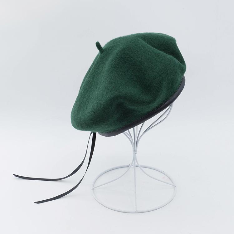Cokk uld baret efterår vinter hatte til kvinder ensfarvet flad maler cap uld baret med pu læder boina feminina beanie hat: Grøn