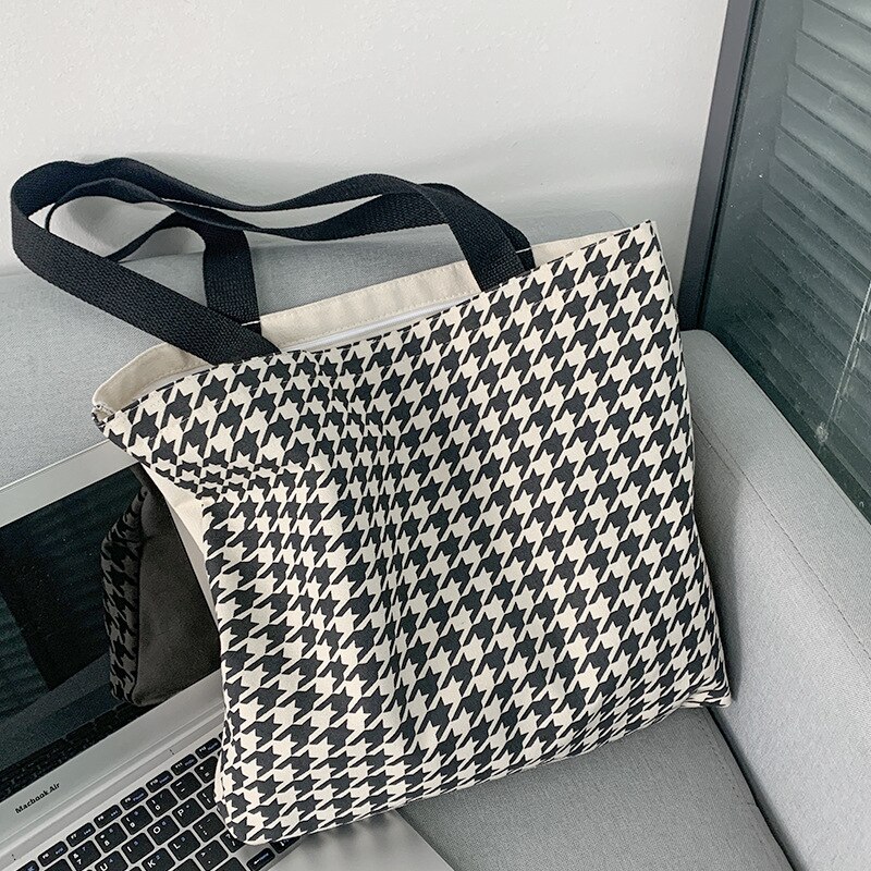 Houndstooth Patroon Vrouwen Canvas Boodschappentassen Retro Alle-Wedstrijd Dames Grote Schoudertas Eenvoudige Vrouwelijke Dagelijkse Toevallige Tote Handtas