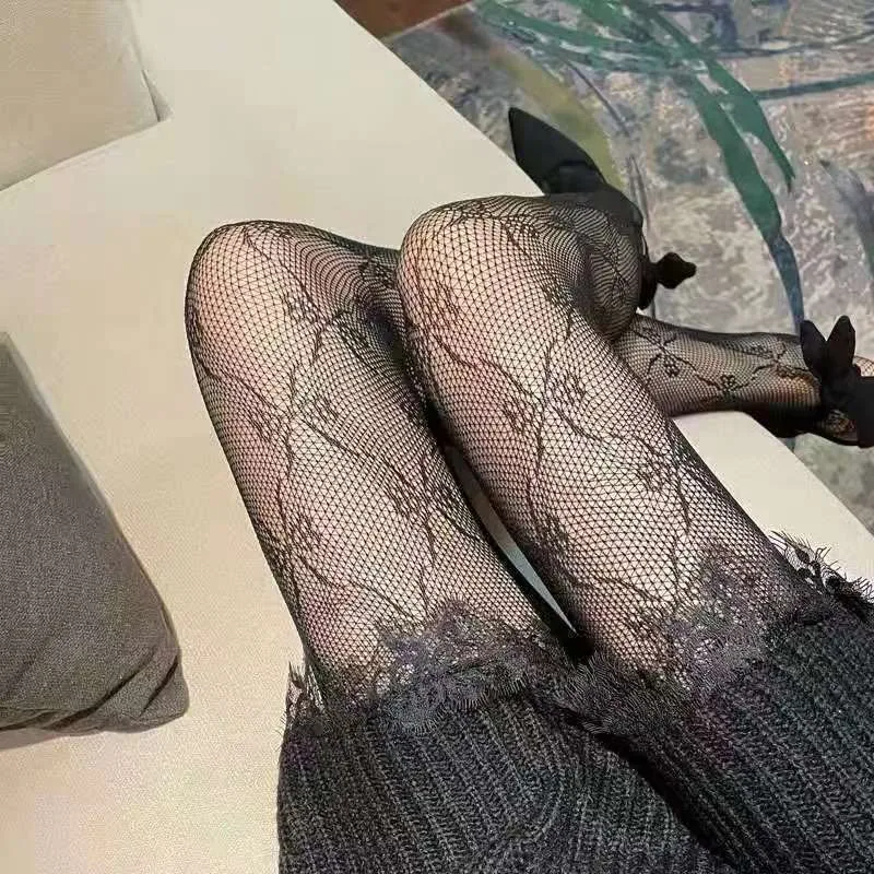 Nuevas medias bordadas de malla con lazo, pantimedias inferiores para mujer, medias sexis de nailon con lazo, medias caladas de estilo Punk a la