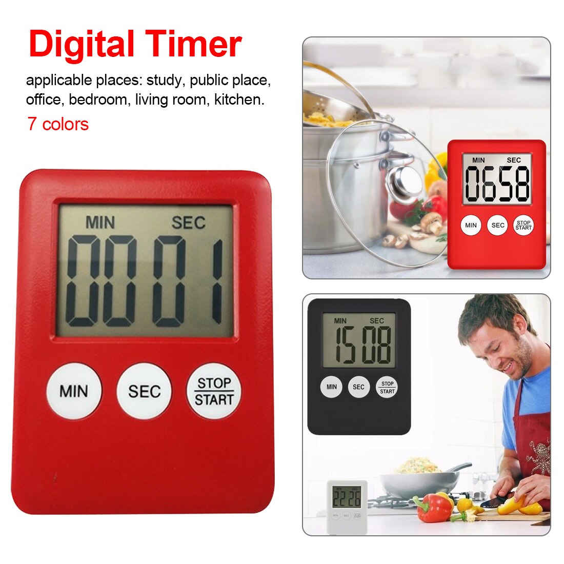 1pcs Plastic Cooking Count Up Countdown Alarm Magnet Clock Temporizador Simple 3 Buttons Kitchen Timer Thin LCD Digital Screen
