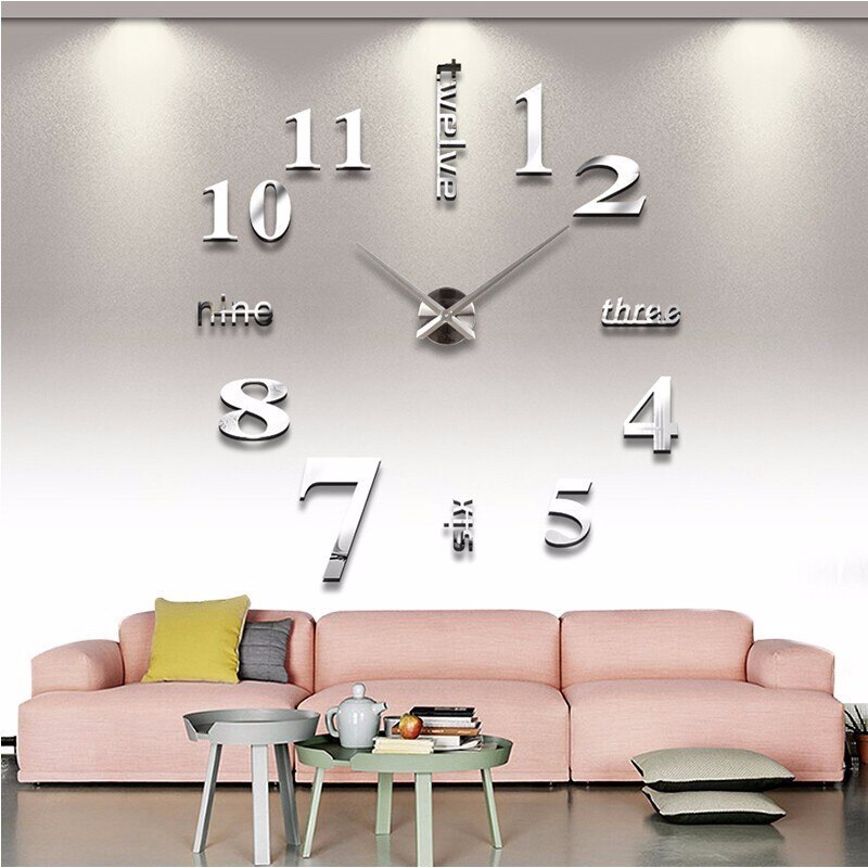 Reloj de pared de cuarzo 3D moderno, Relojes de pared acrílicos grandes reales, espejo, pegatina de pared, reloj de decoración grande para el hogar y la sala de estar: Silver / 37 inch