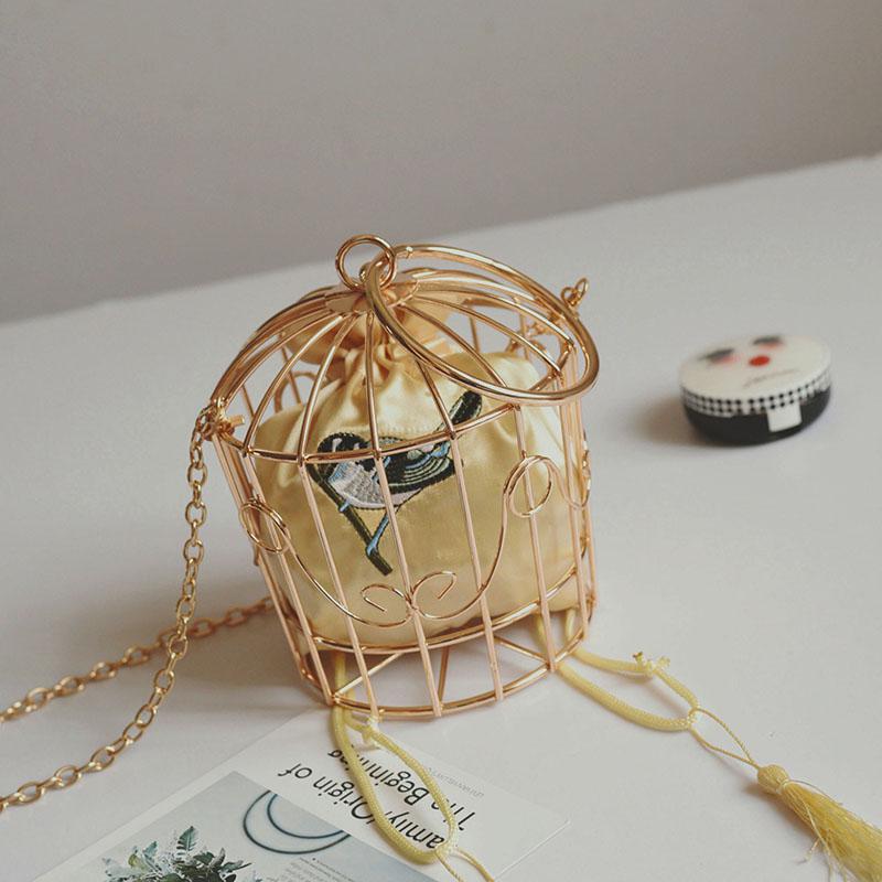 Vrouwen Birdcage Avondtasje Clutch Metalen Frame Borduurwerk Emmer Vogelkooi Mini Bag Purse Vrouwen Gold Tassel Handtas: Goud