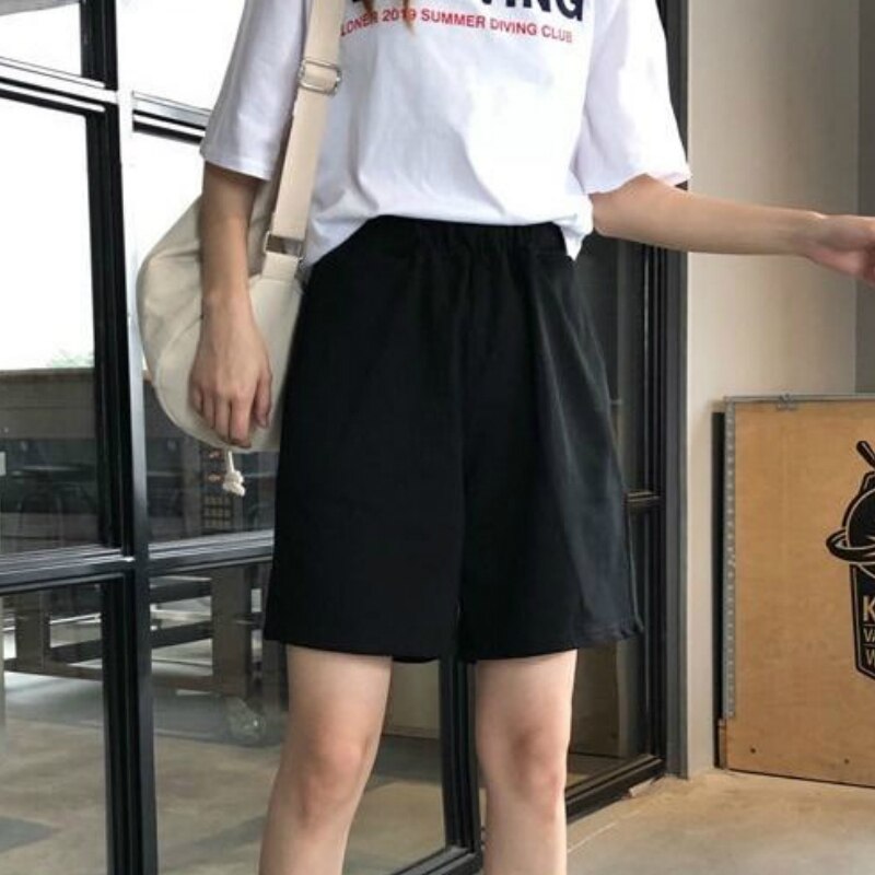Pantalones cortos de verano para mujer, negros, hasta la rodilla, holgados, de pierna ancha, ropa de calle BF, Unisex, esbelto, estilo coreano, simples y Chic para estudiantes