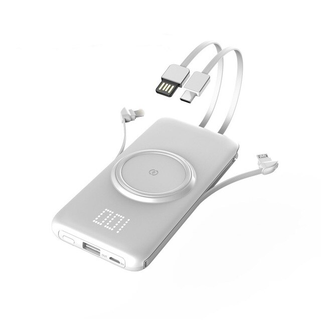 20000mAh Wireless Power Bank For Xiaomi iphone powerbank 10000mAh Invisible Power Display Portable External Battery With Cable: 10000mah / White