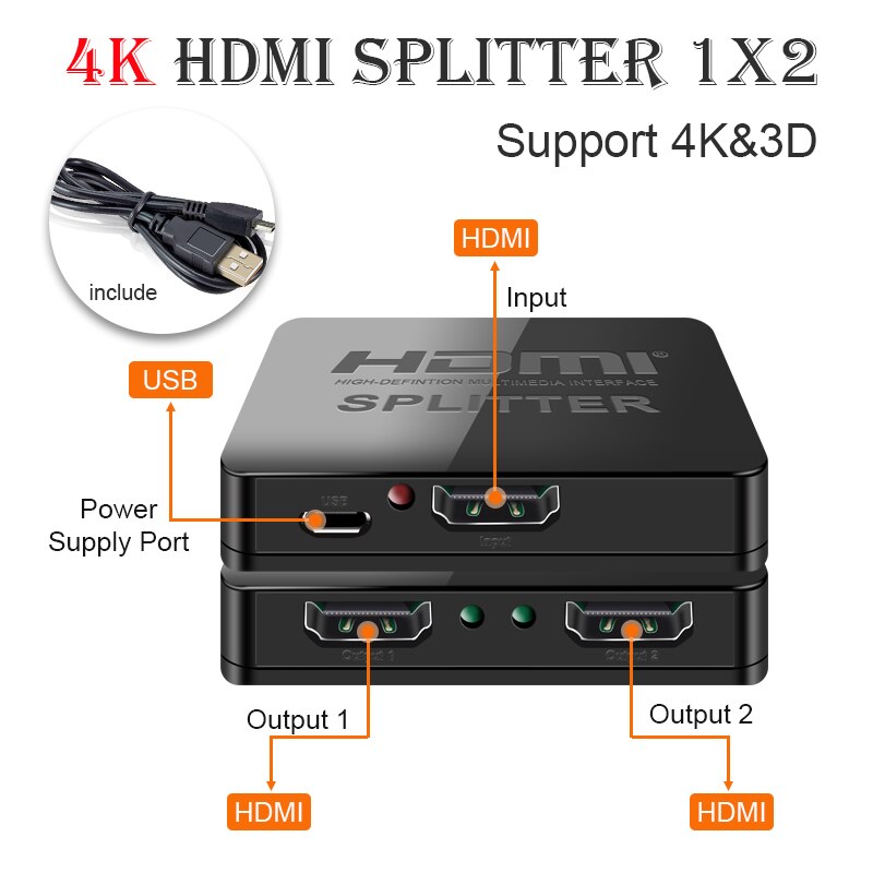 Hdmi Splitter 1 In 2 Uit 1080 P 4K 1X2 Hdcp Stripper 3D Splitter Power Signaalversterker 4K Hdmi Splitter Voor Hdtv Dvd PS3 Xbox: Default Title
