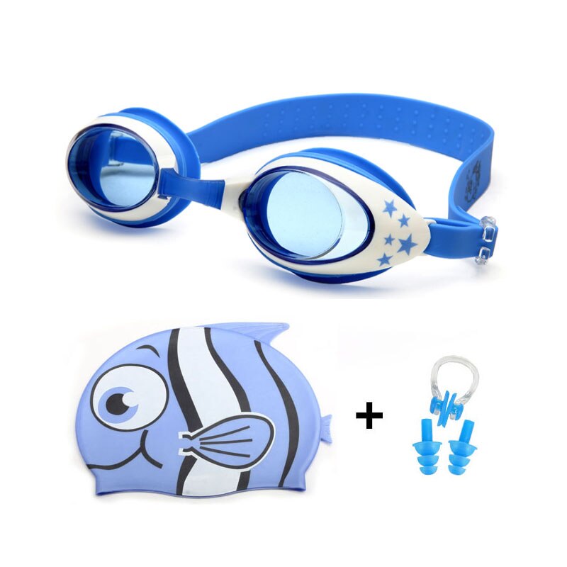 Kinderen Zwembril Siliconen Shark Caps Duiken Bril Oor Plug Neus Set Waterdichte Kids Zwemmen Zwembad Brillen Meisje Jongen: Blue Fish