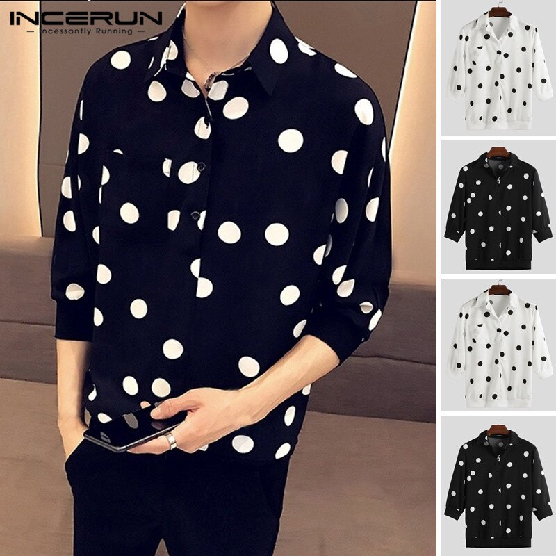 Streetwear herrskjorta pricktryck knapp 3/4 -ärm nedfällbar krage camisa snygga casual affärsskjortor herr incerun