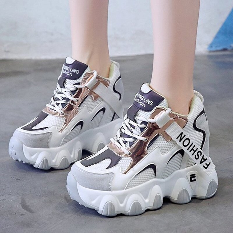 Women Platform Chunky Sneakers Mesh Designers Lace Up Shoes Woman Autumn 8cm High Vulcanized Shoes Ladies 34-39