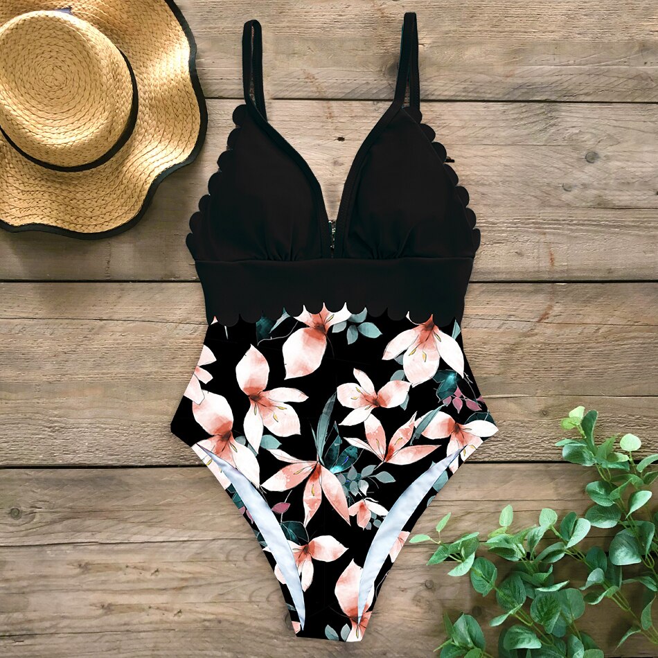 Sexy Off The Shoulder Ruffle One Piece Swimsuit Print Swimwear Women Swimsuit Deep-V Bathing Suits Beach Wear Swim Suit