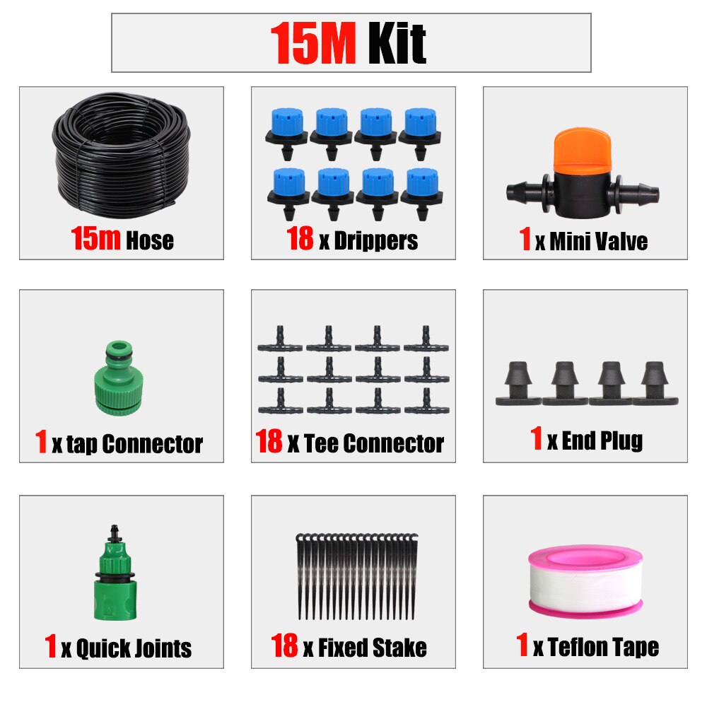 RBCFHl 1/4'' Blue Adjustable Drip Irrigation Nozzle Watering System Stop to Large Water Garden Patio Micro Kits: 15m