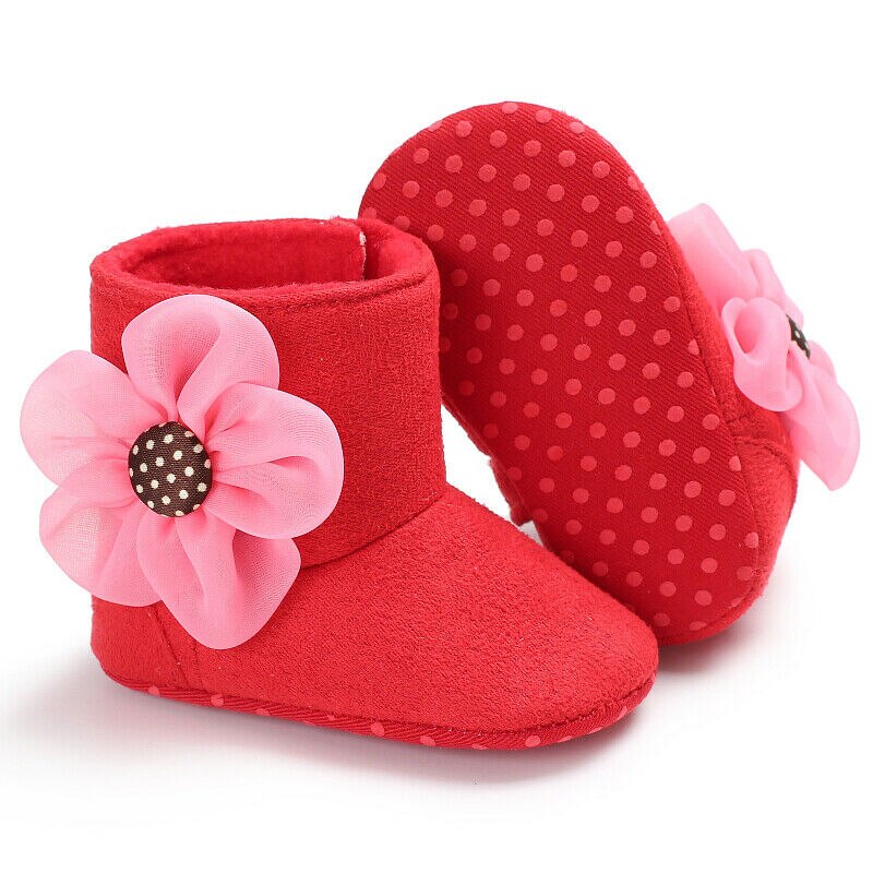 Baby Laarzen Meisjes Boog Bloem Crib Schoenen Pasgeboren Prewalker antislip Soft Sole Winter Warm Zachte Bloemenprint: Rood / 13-18 months