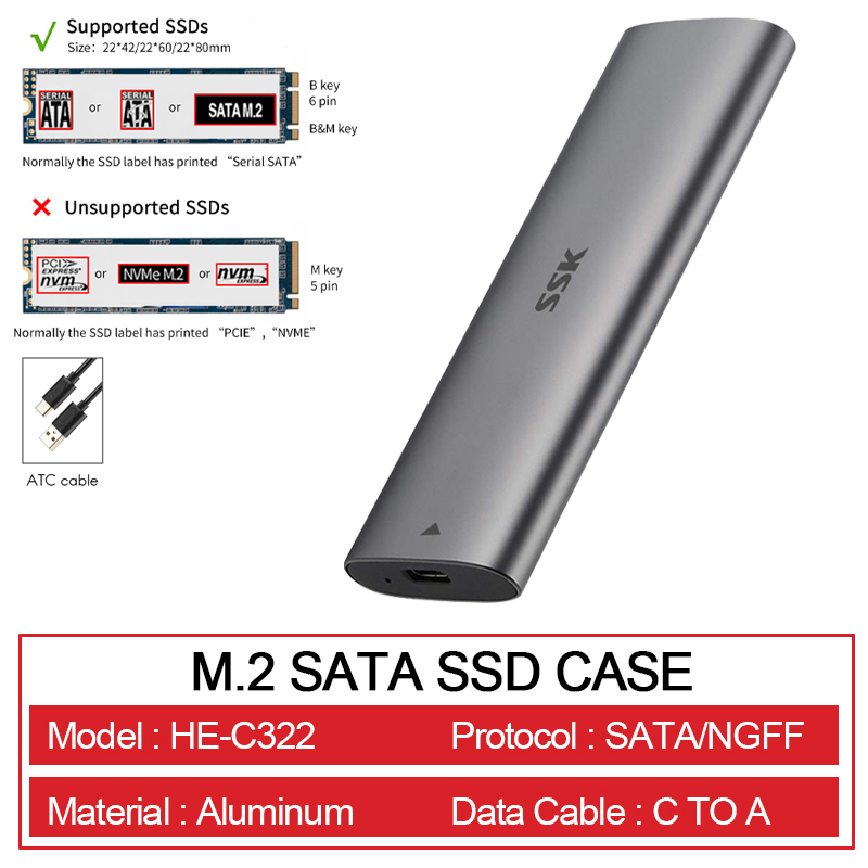 SSK Aluminum M.2 SATA SSD Enclosure Type-C External SSD Adapter Tool-Free Support UASP Trim for M.2 NGFF B Key/B+M Key PC Case: Default Title