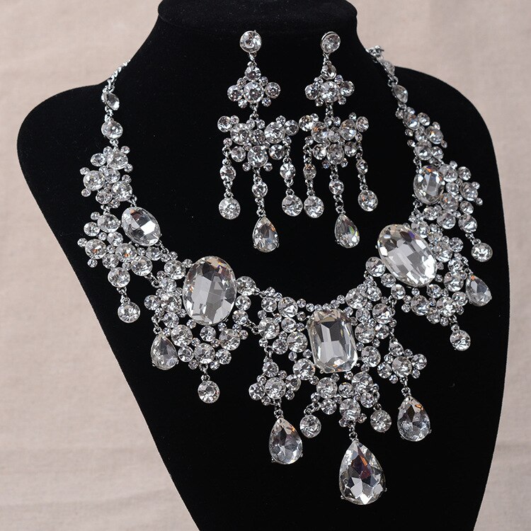Afrikaanse Kralen Sieraden Sets Grote Strass Klassieke Indiase Crystal Bridal Sieraden Set Water Verklaring Ketting Oorbellen Set