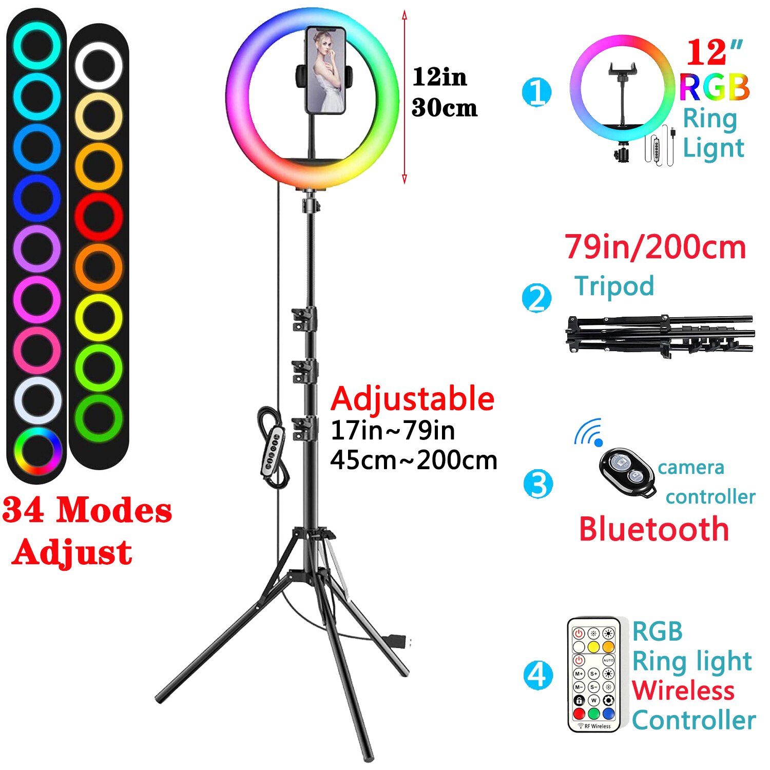 26Cm Rgb Selfie Ring Licht Cirkel Led Licht Invullen Dimbare Lamp Trepied Make Fotografie Ringlicht Telefoon Standhouder Statief: 12inRGB 200cm