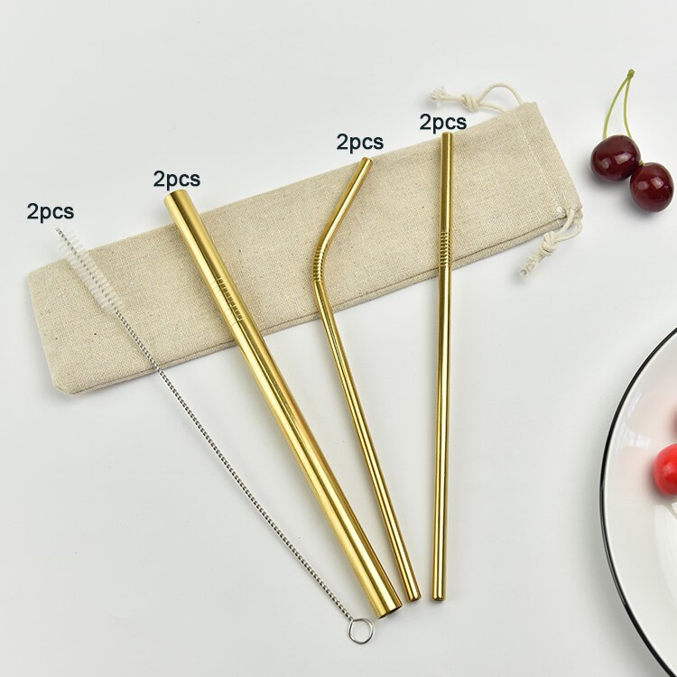 Reusable Metal Drinking Straw 304 Stainless Steel Colorful Straws Bent Straw Set With Cleaner Brush Bar Party Accessory: gild