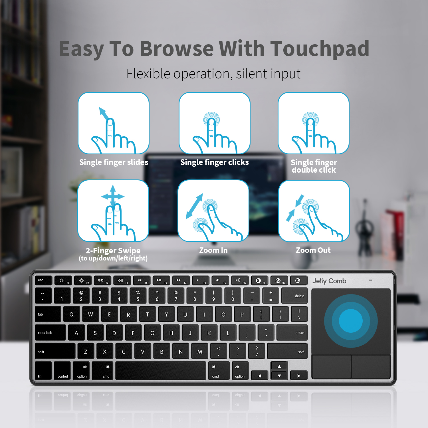 Jelly Comb Rechargeable Ultra Slim Multi-Device Bluetooth Wireless Keyboard with Touchpad for MacBook iMac iPhone iPad Pro Air
