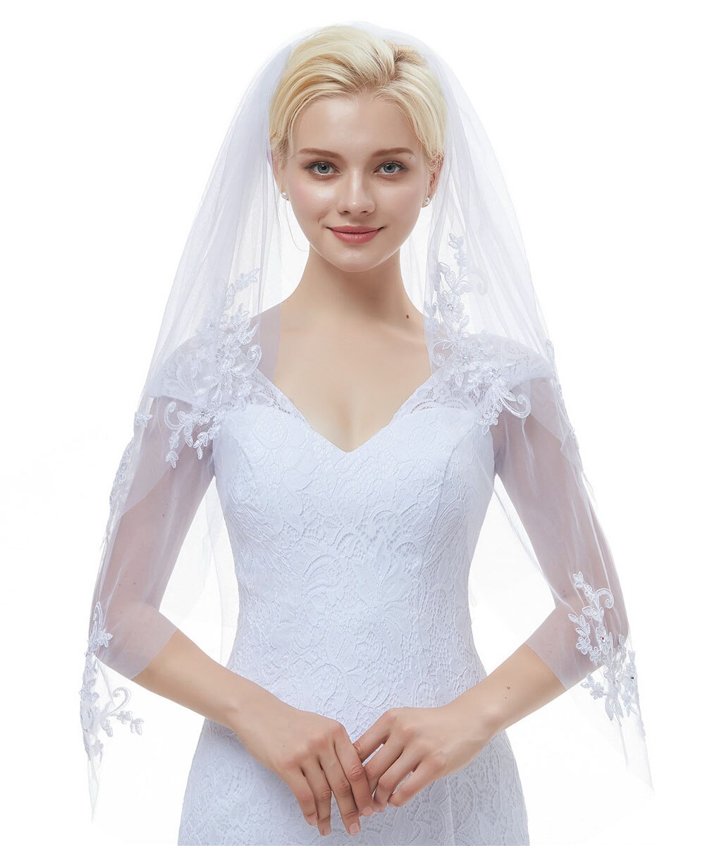 Two-tier Fingertip Bridal Veils With Beaded Edge (006035771) - JJ's House