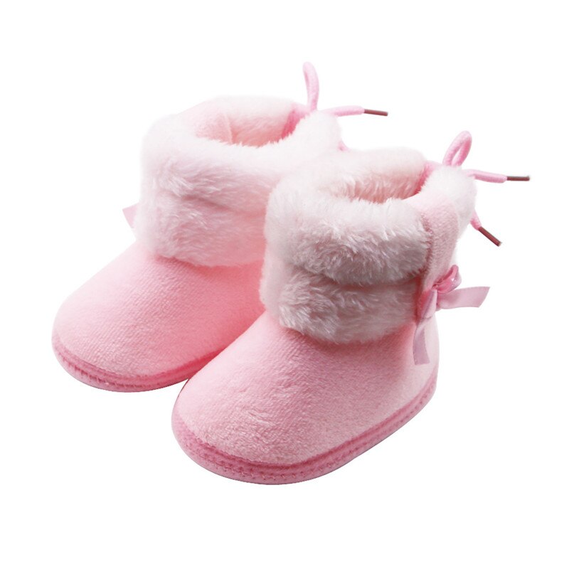 Botas recién nacido de nieve para bebé, suela antideslizante, zapatos cálidos con forro de piel para invierno, bonitos Botines altos con lazo y lazo para niño y niña: Rosa / 0 to 5 Months