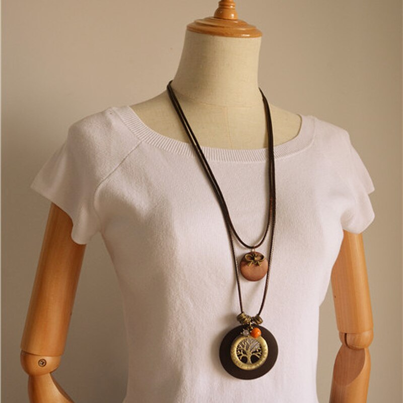 Retro Ethnischen Stil Bowknot Baum Doppel-Schicht Pullover Kette Halsketten Holz Runde für Frau Charme Schmuck