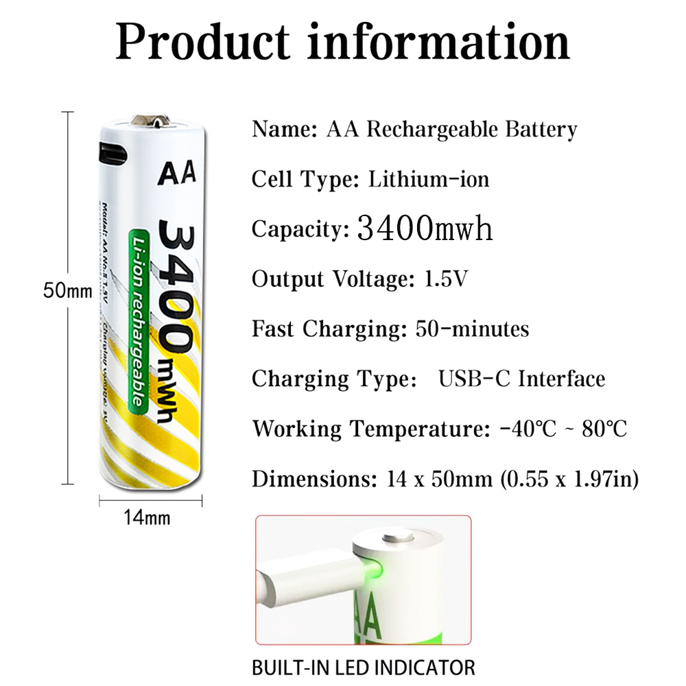 1.5V AA 3400mWh + AAA 900mWh Rechargeable Lithium Battery Set with USB-C Fast Charging Type C Cable air transport