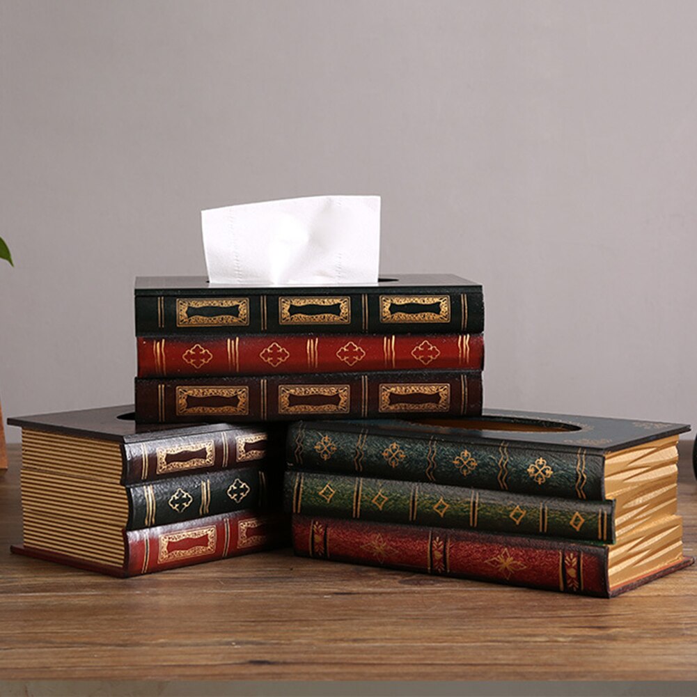 Caja de pañuelos Vintage en forma de libro, contenedor para el hogar y el coche, almacenamiento de patrones curvos, soporte de papel, decoración de mesa