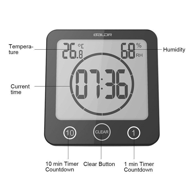 LCD Screen Waterproof Digital Bathroom Wall Clock Temperature Humidity Countdown Time Function Wash Shower Hanging Clocks Timer