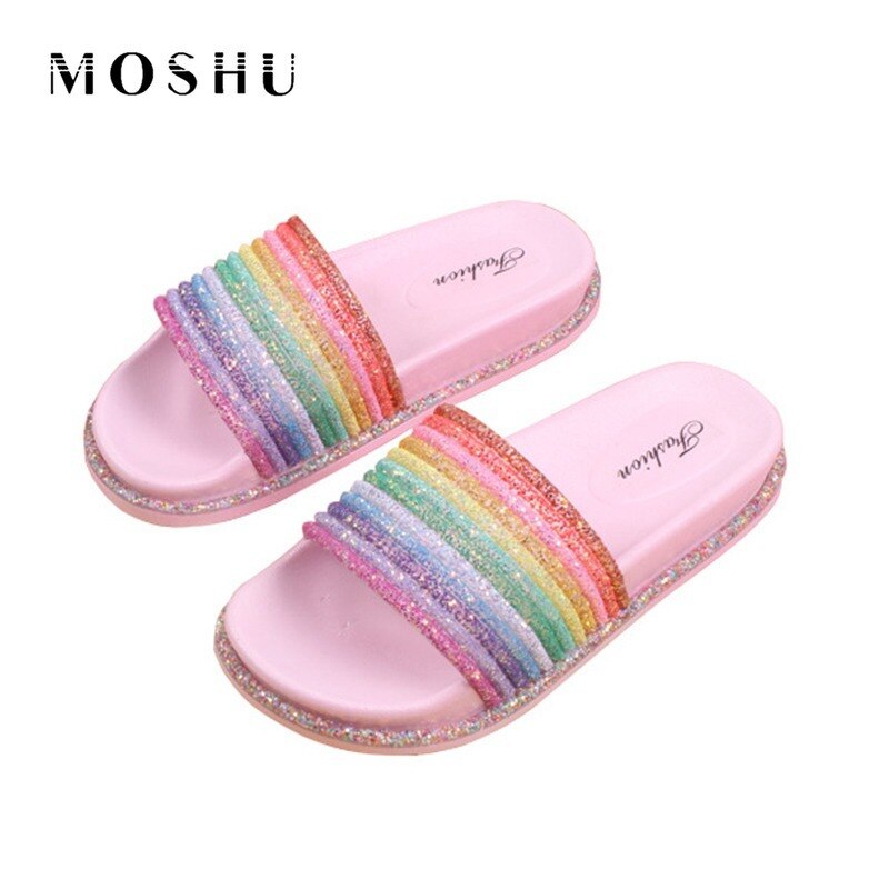 Regenboog Platte Slippers Vrouwen Bling Kleurrijke Zomer Schoenen Antislip Zachte Outdoor Strand Meisjes Slides Thuis Schoenen Dames Sandaal
