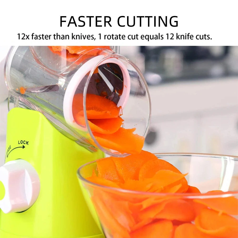 Cortador de verduras, ralladores rotativos manuales para queso, mandolina redonda, trituradora con 3 cuchillas de acero inoxidable, accesorios de cocina