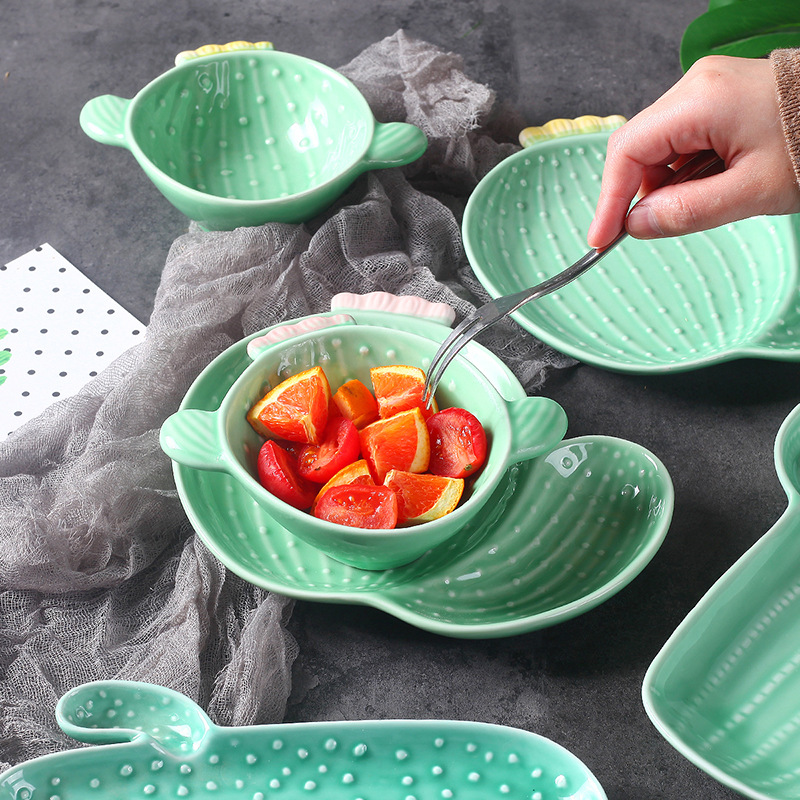 Vajilla de cerámica creativa de estilo nórdico para el hogar, plato bonito de Cactus y planta, tazón para desayuno, vajilla para aperitivos, plato para ensalada y fruta