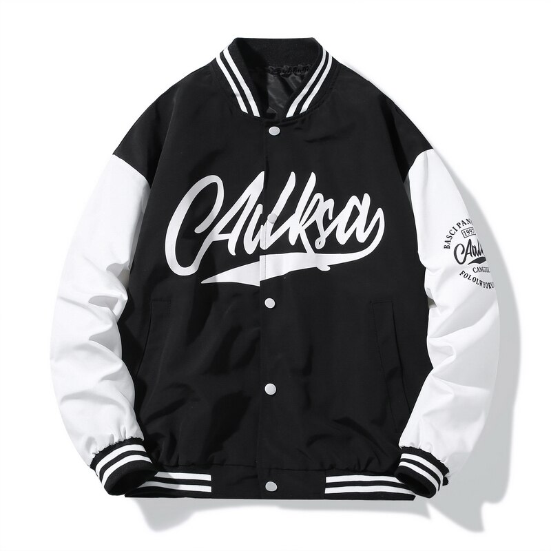 Mannen Bomber Jacket Gedrukte Letters Baseball Jassen Lente Knoppen Windjack Losse Jas Mannelijke Uitloper Paar Kleding: Black / Asian  L