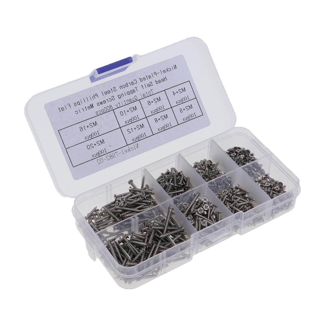 800pcs M2(2mm) Nickel Carbon Steel Phillips Pan Head Self Tapping Screws Kit