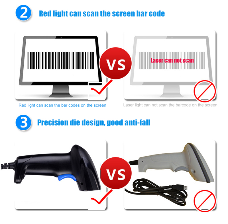 Handheld USB wired Bar Code Reader Plug en Play 1D CCD Barcode Scanner met scherm scan voor supermarkt Restaurant Express