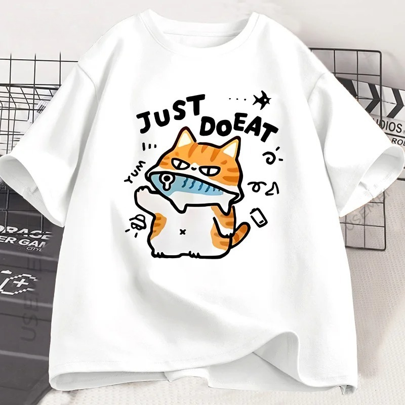 Engraçado gato comer peixe camiseta para mulheres verão topos camisetas o pescoço roupas femininas streetwear manga curta t camisa: XS / Branco