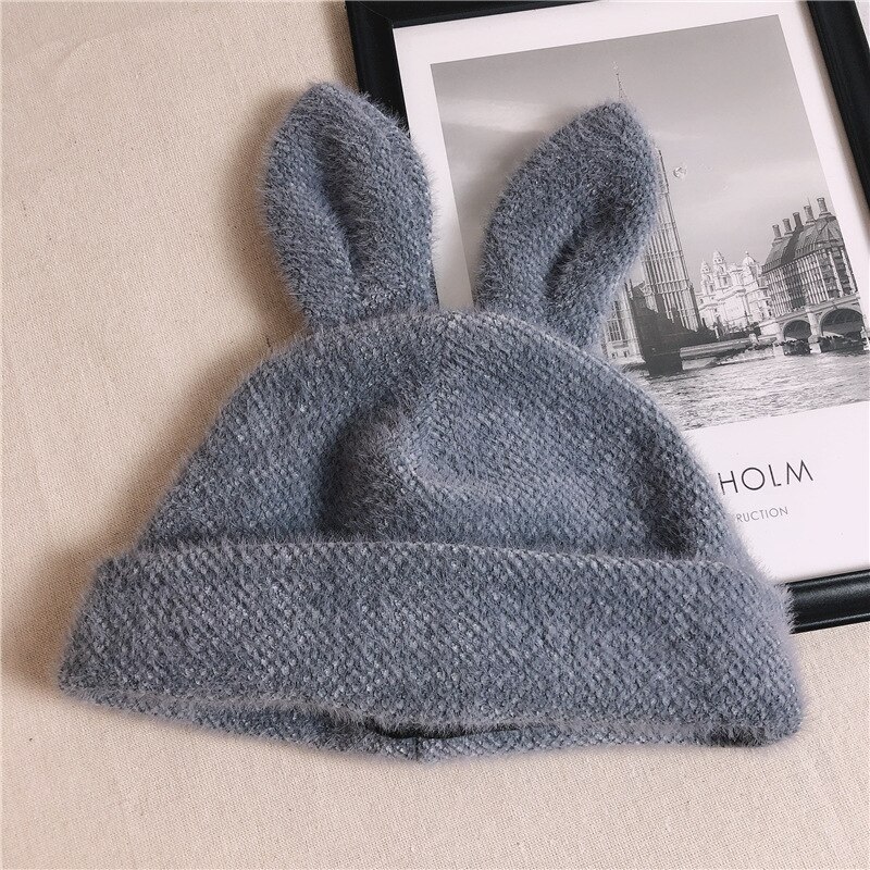 Women's Hats Autumn Winter Lamb Plush Soft Cute Ears Warm Panama Casual Hats Skull Beanie Soft Knitted Beanie Cotton: C