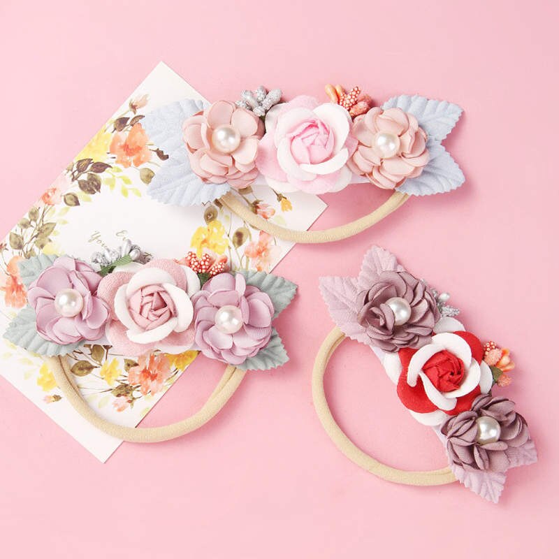 Balleenshiny Children's Headdress Baby Headband Handmade Pearl Stitching Flower Hair Band Seamless Elastic Rubber Hairband