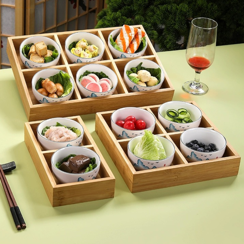 Bandeja japonesa de 9 compartimentos, plato de cena con compartimentos de bambú, platos laterales para ollas calientes, aperitivos de fruta, postre, vajilla Shushi
