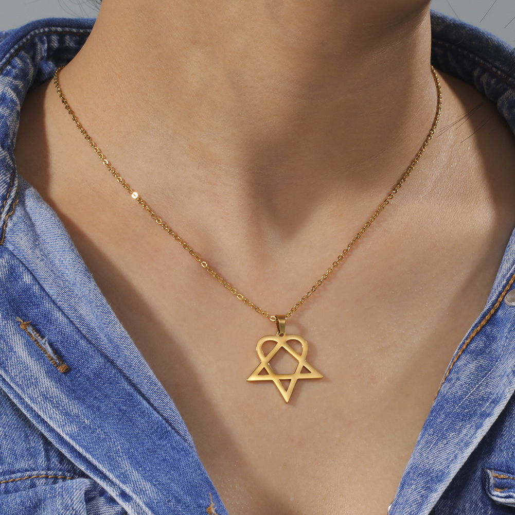 Lucktune-Collar colgante Heartagram estrella Collar de cadena pentagonal de corazón de acero inoxidable para mujeres de joyería de pareja