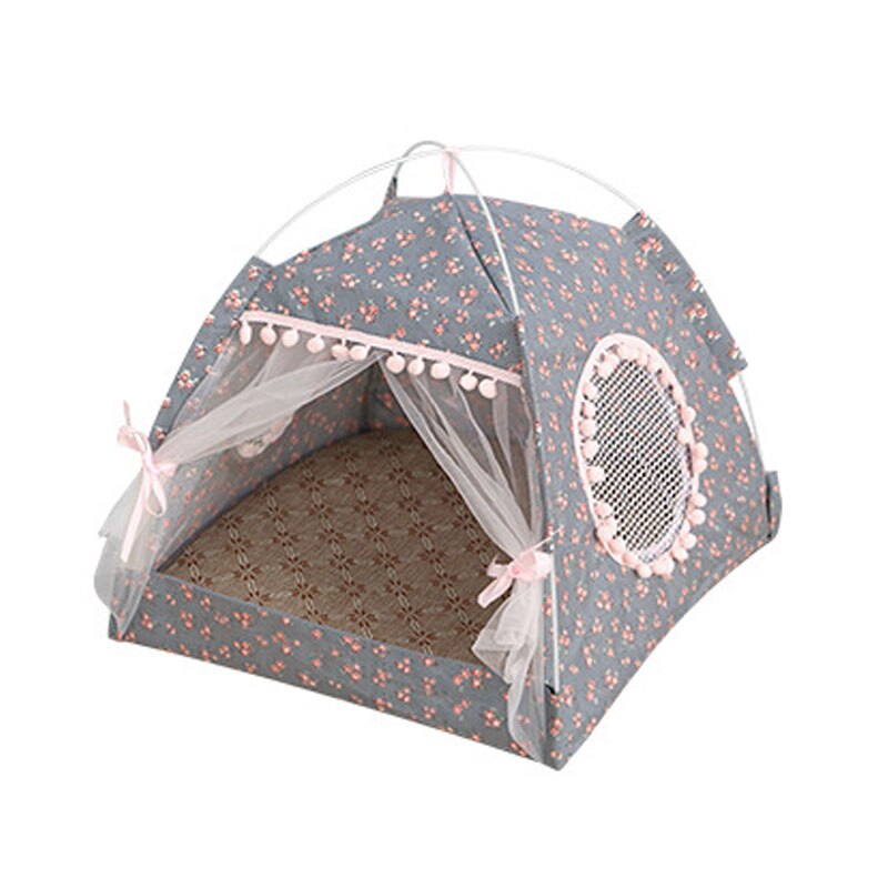 Foldable Pet Dog Tent House Portable Cute Pattern Soft Mat Sturdy Cat Cage Pet Cat Small Dog Puppy Kennel Tents Pet Supplies: Gray flower / XL