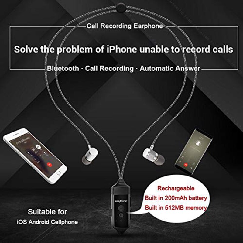 Waytronic trådlös bluetooth samtalsinspelare hörlurar, mobiltelefon konversation inspelning hörlurar för iphone ipad skype what