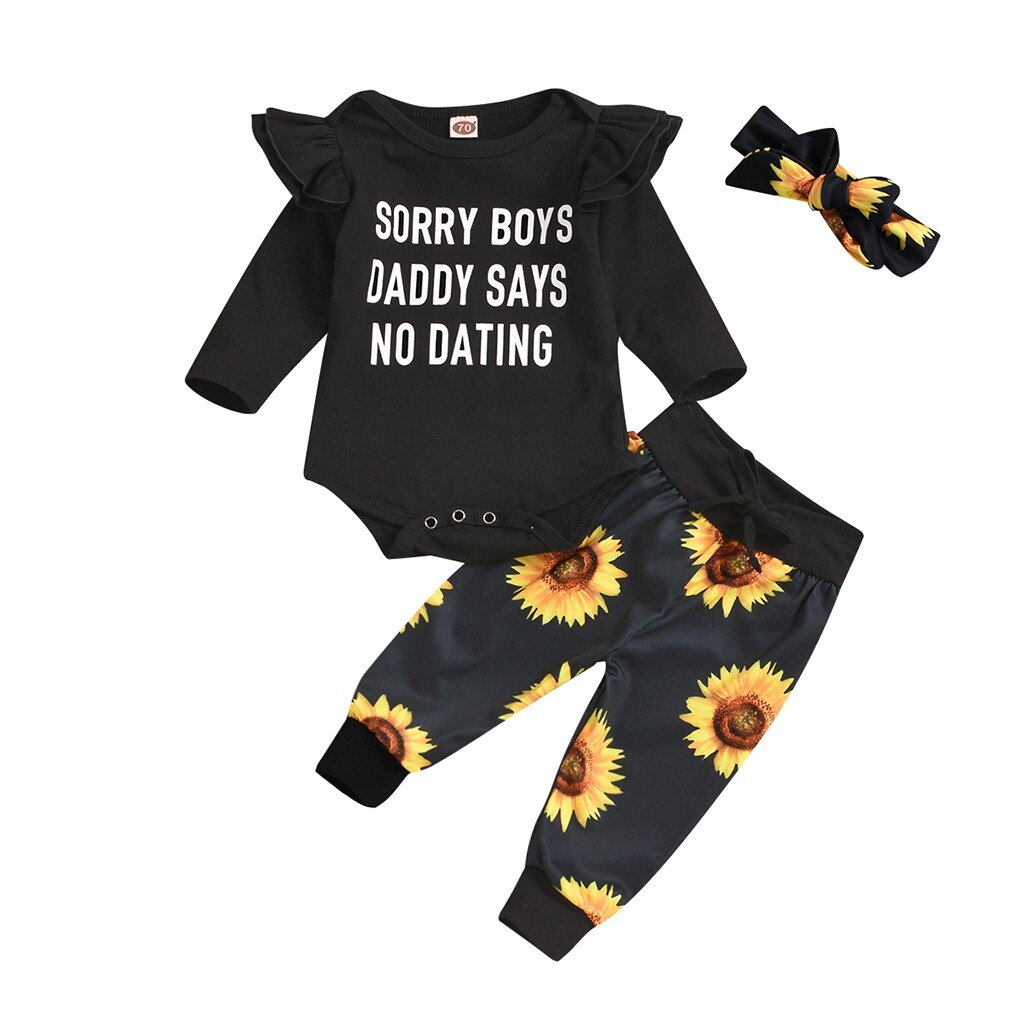 Vestiti del bambino della ragazza Manica Lunga Lettera mi dispiace ragazzi Pagliaccetto Stampato + Girasole Pants + Headband 0-24M ragazze vestiti Vetement Fille: A / 6m
