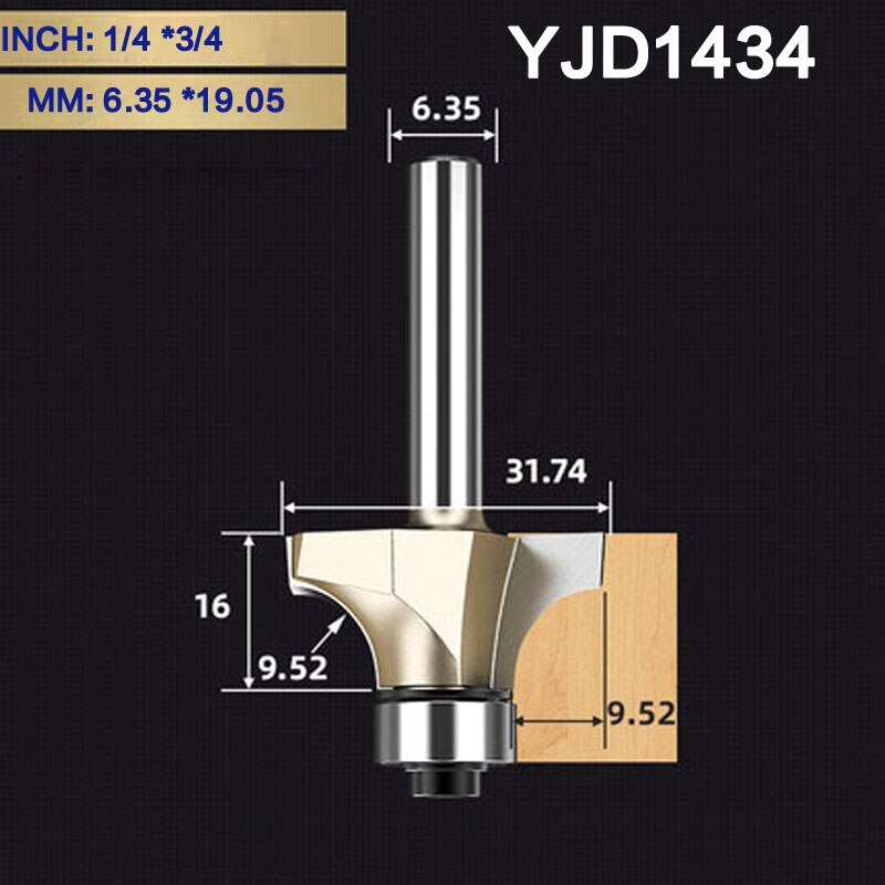 Tideway 1/4" 6.35mm Corner Over Round Bit for Wood Woodworking Tool 2 flute Endmill with Bearing Milling Cutter: YJD1434