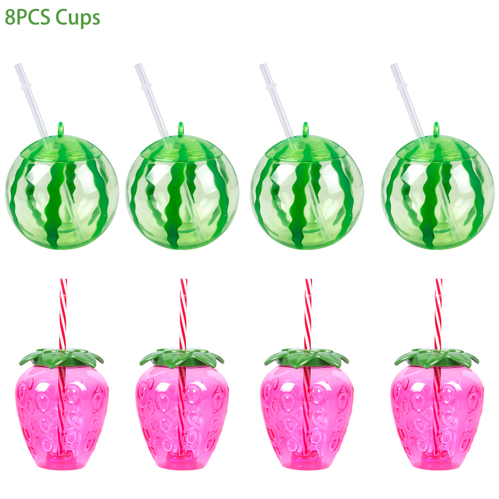 Tasse à boire en plastique en forme d'ananas/fraise/pastèque avec paille, décor hawaïen, fournitures de fête d'été sur la plage et la piscine, 6/8 pièces: vert clair
