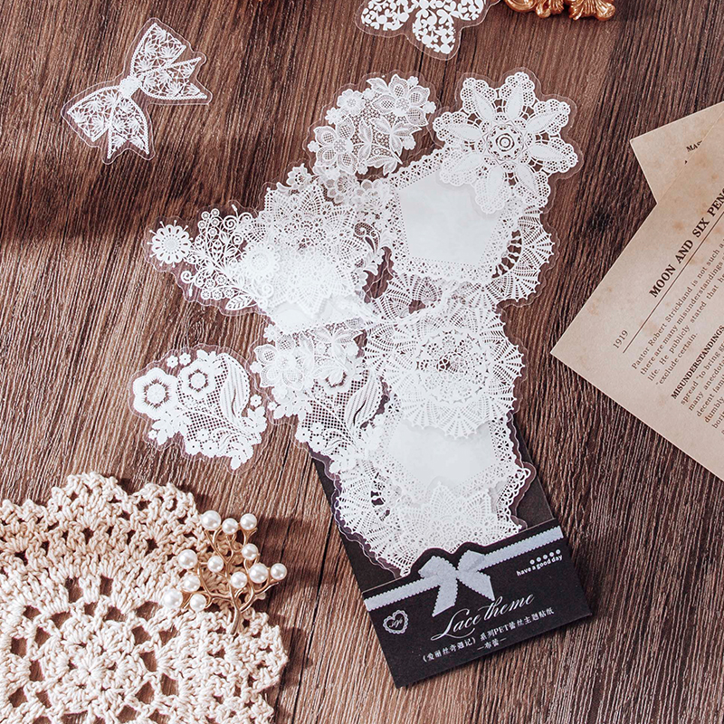 30 Pcs PET Lace Scrapbook Stickers Decorative Paper Lace Butterfly Leave White Cardstock Scrapbook Diy Album Card Making