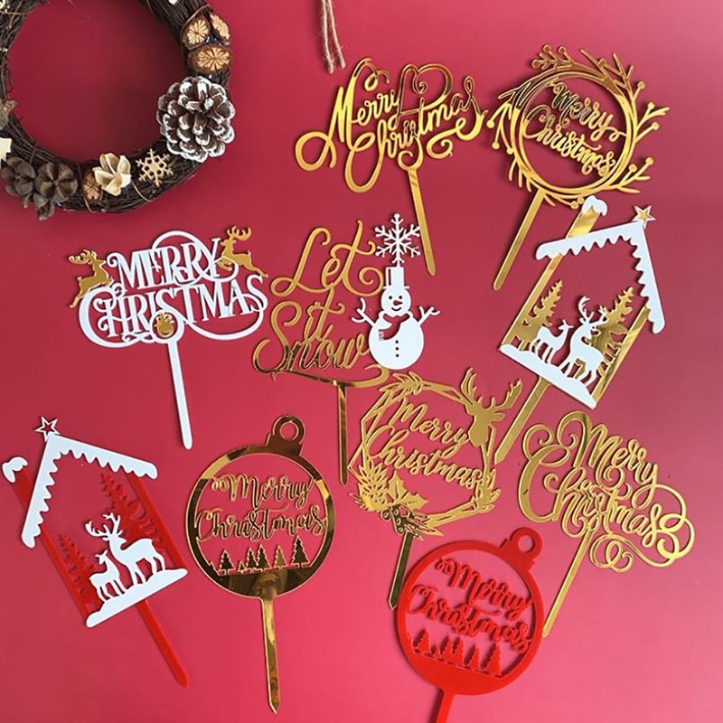 Vrolijk Kerstfeest Letters Acryl Cake Topper Sneeuwpop Cupcake Toppers Xmas Party Kerst Taart Decoraties