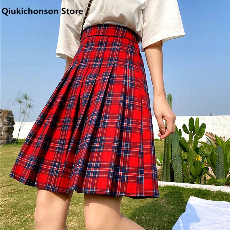 Qiukichon – jupe plissée rouge à carreaux pour femmes, style anglais Preppy, taille haute, élastique, grande taille, printemps été: 4XL