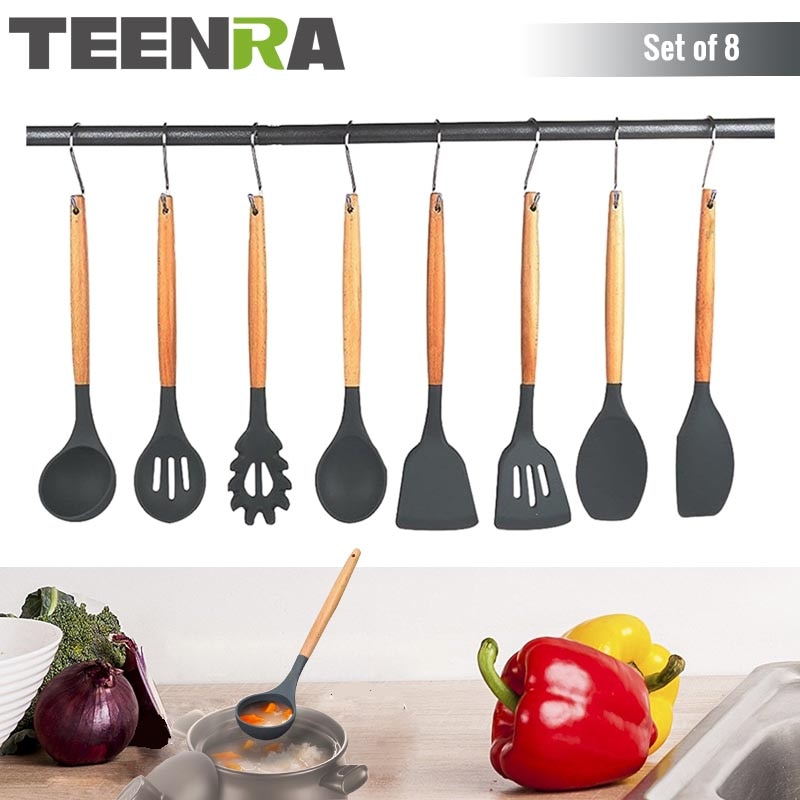TEENRA 8Pcs Food grade Silicone Kitchen Utensils Set Non-stick Cooking Tools Silicone Utensil Set Spatula ladle Slotted Turner